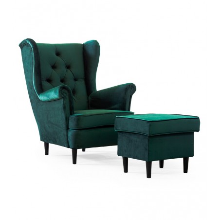 Fotel Uszak GLAMOUR z Podnóżkiem Butelkowa Zieleń