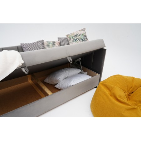 Tapczan Jednoosobowy Dla Dziecka FENIKS 80x200 z Pojemnikiem i Wezgłowiem Szary Welur