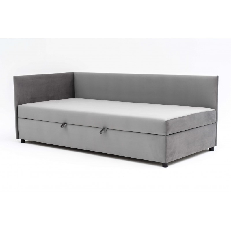 Tapczan Jednoosobowy Dla Dziecka FENIKS 80x200 z Pojemnikiem Bokiem i Oparciem Szary Welur