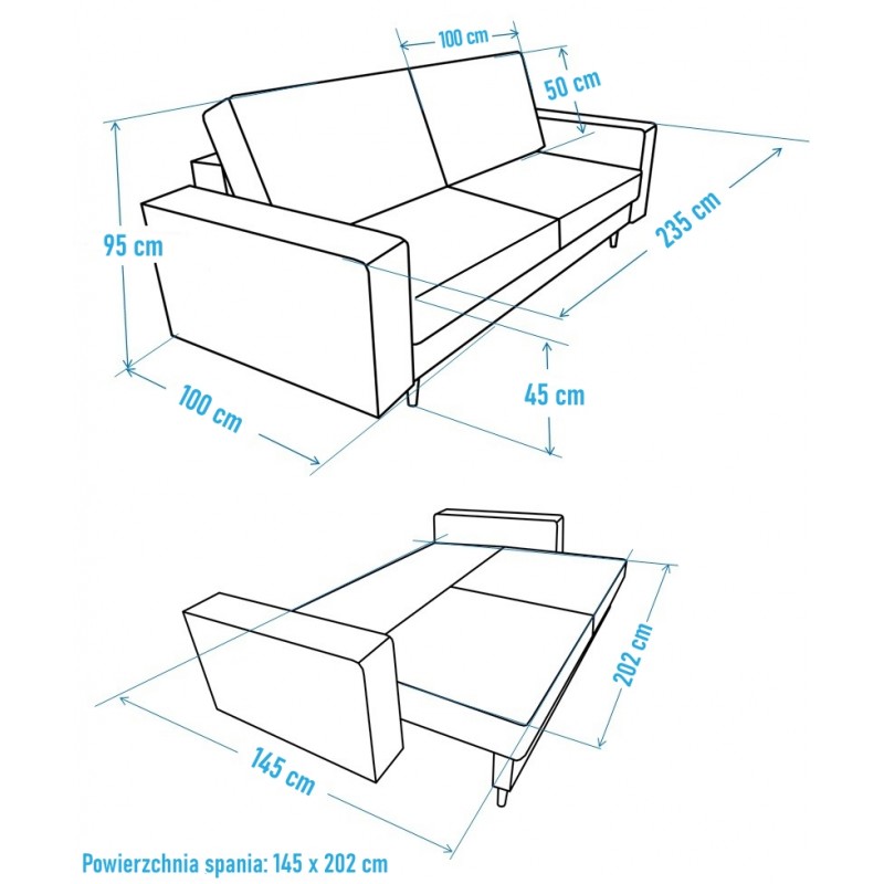 Kanapa Do Salonu z Funkcją Spania NOBO 3-osobowa, Szara, Sztruksowa