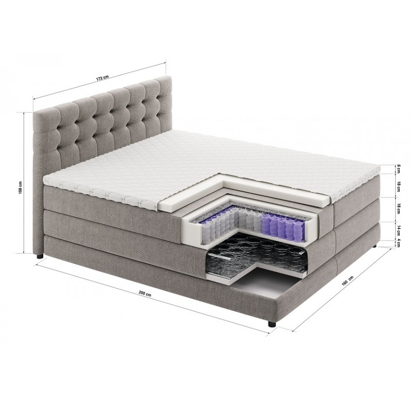 Łóżko kontynentalne RAVEN 160x200, Szare, Boxspring z pojemnikiem