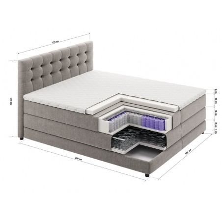 Łóżko kontynentalne RAVEN 160x200, Szare, Boxspring z pojemnikiem