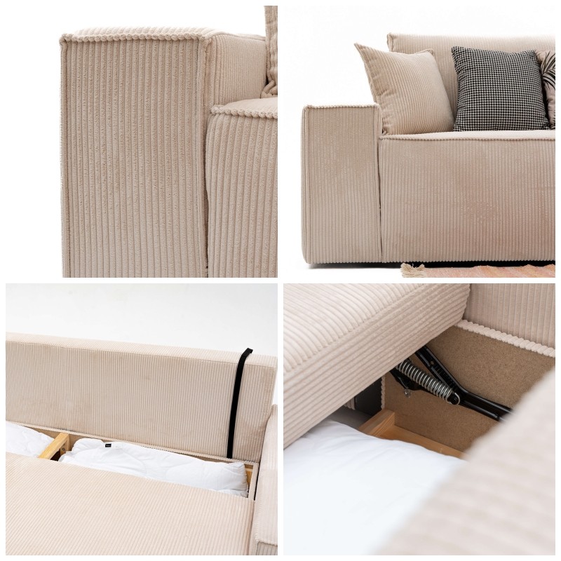 Narożnik Beżowy BORA XL z Funkcją Spania, Rozkładany, Sztruksowy, L-kształtny