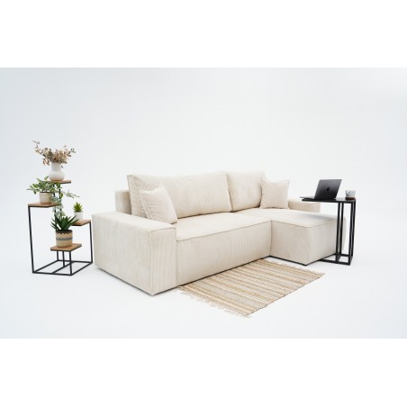 Narożnik Beżowy BORA L, 3-osobowy z Funkcją Spania, Rozkładany, Sztruks