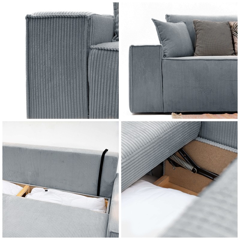 Nowoczesny Narożnik BORA L, 3-osobowy z Funkcją Spania, Rozkładany, Sztruks, Ciemnoszary