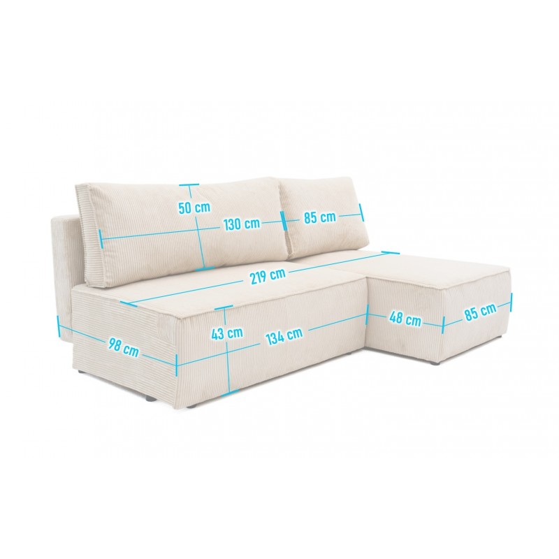 Narożnik Do Salonu BORA L, 3-osobowy z Funkcją Spania, Rozkładany, Sztruks, Bez Podłokietników, Beżowy