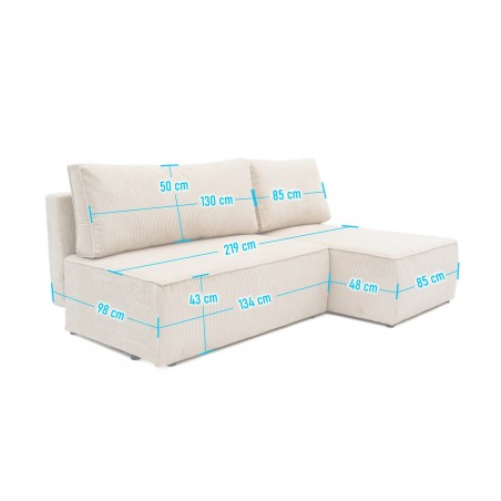 Narożnik Do Salonu BORA L, 3-osobowy z Funkcją Spania, Rozkładany, Sztruks, Bez Podłokietników, Beżowy