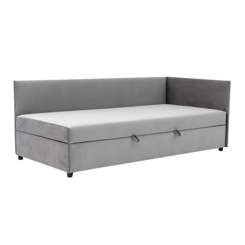 Tapczan Młodzieżowy FENIKS 90x200 z Pojemnikiem Bokiem i Oparciem Szary Welur