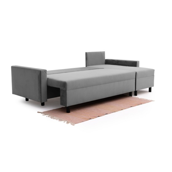 Narożnik Rozkładany MOLLY 3-osobowy z Funkcją Spania Szary Welur