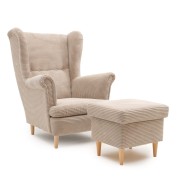 Fotel Uszak z Podnóżkiem Beżowy Sztruks