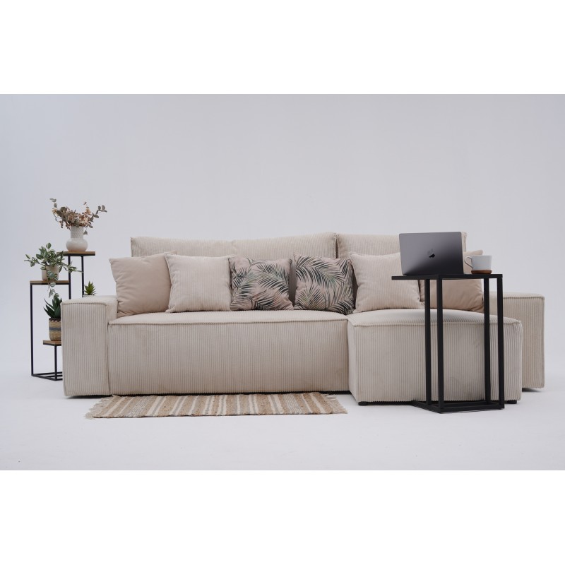 Narożnik Beżowy BORA L, 3-osobowy z Funkcją Spania, Rozkładany, Ciemnoszary Welur