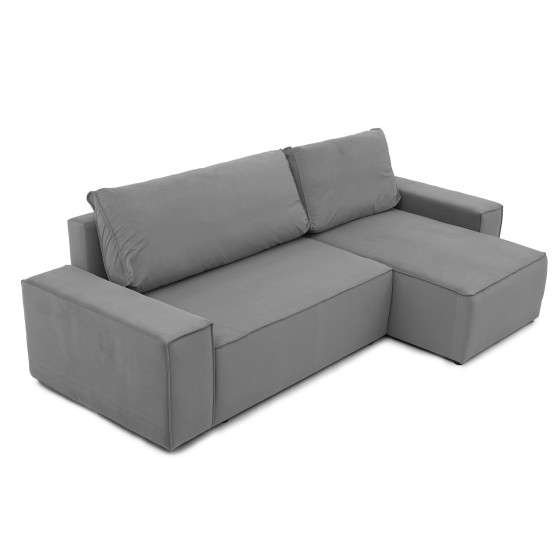 Narożnik Beżowy BORA L, 3-osobowy z Funkcją Spania, Rozkładany, Ciemnoszary Welur