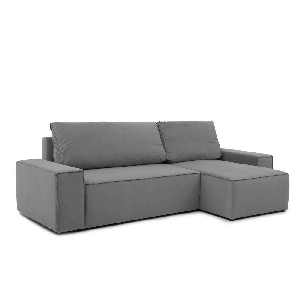 Narożnik Beżowy BORA L, 3-osobowy z Funkcją Spania, Rozkładany, Ciemnoszary Welur