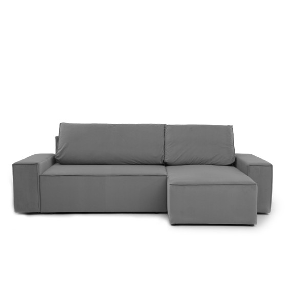 Narożnik Beżowy BORA L, 3-osobowy z Funkcją Spania, Rozkładany, Ciemnoszary Welur