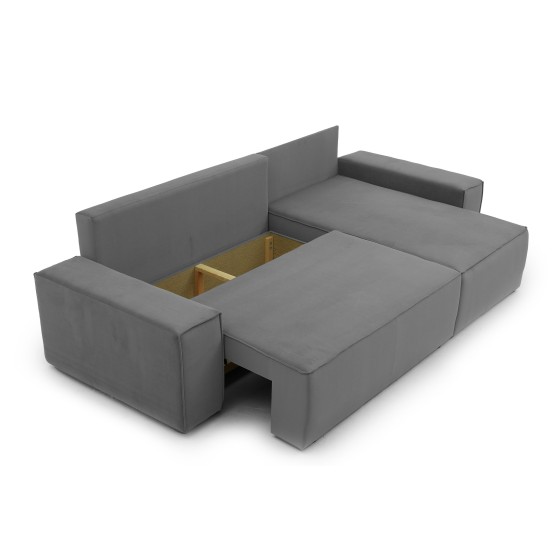 Narożnik Beżowy BORA L, 3-osobowy z Funkcją Spania, Rozkładany, Ciemnoszary Welur