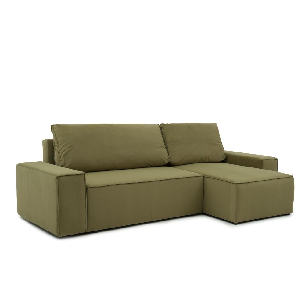 Narożnik Beżowy BORA L, 3-osobowy z Funkcją Spania, Rozkładany, Zielony Welur