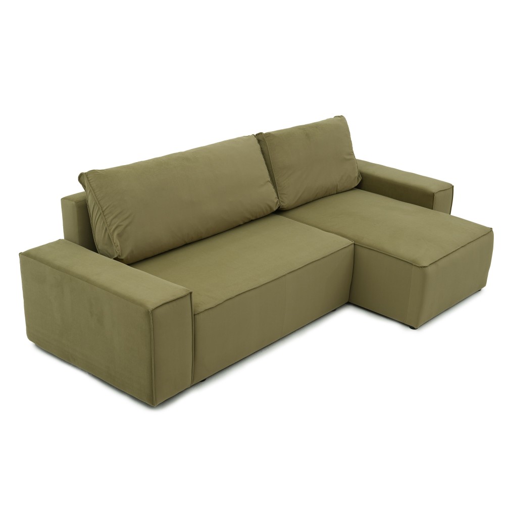 Narożnik Beżowy BORA L, 3-osobowy z Funkcją Spania, Rozkładany, Zielony Welur