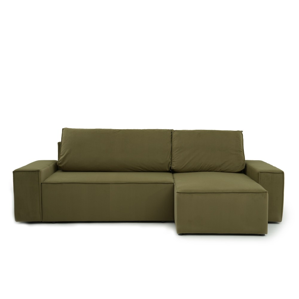 Narożnik Beżowy BORA L, 3-osobowy z Funkcją Spania, Rozkładany, Zielony Welur