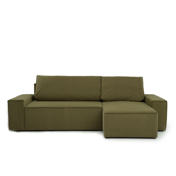 Narożnik Beżowy BORA L, 3-osobowy z Funkcją Spania, Rozkładany, Zielony Welur