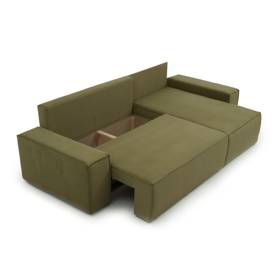 Narożnik Beżowy BORA L, 3-osobowy z Funkcją Spania, Rozkładany, Zielony Welur