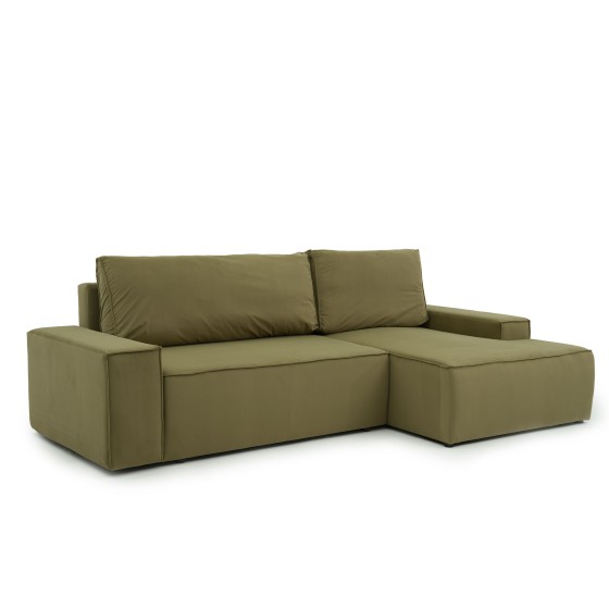 Narożnik Do Salonu BORA L, 3-osobowy z Funkcją Spania, Poszerzany Szezlong, Rozkładany, Zielony Welur