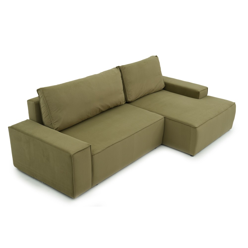 Narożnik Do Salonu BORA L, 3-osobowy z Funkcją Spania, Poszerzany Szezlong, Rozkładany, Zielony Welur