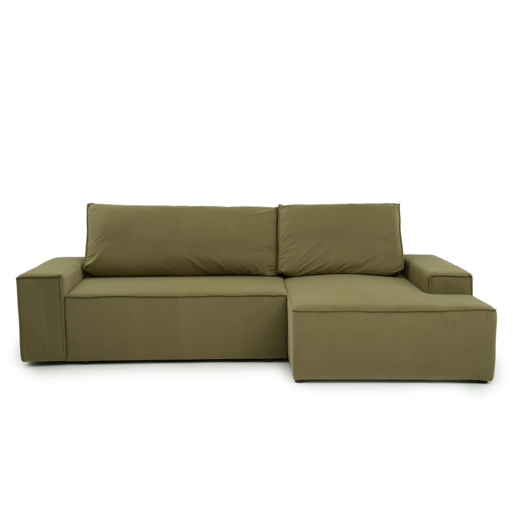 Narożnik Do Salonu BORA L, 3-osobowy z Funkcją Spania, Poszerzany Szezlong, Rozkładany, Zielony Welur