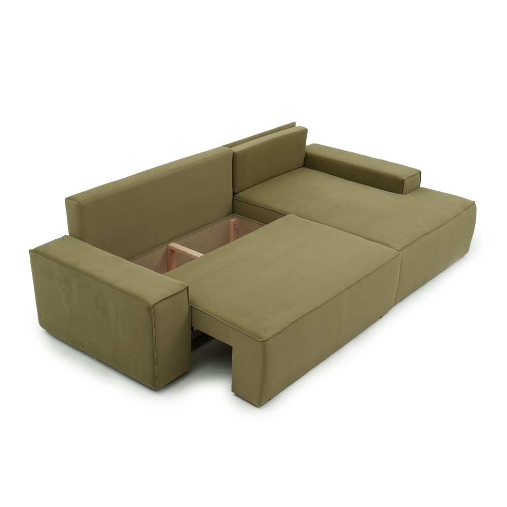 Narożnik Do Salonu BORA L, 3-osobowy z Funkcją Spania, Poszerzany Szezlong, Rozkładany, Zielony Welur