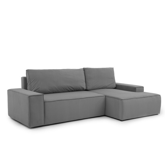 Narożnik Do Salonu BORA L, 3-osobowy z Funkcją Spania, Poszerzany Szezlong, Rozkładany, Ciemnoszary Welur