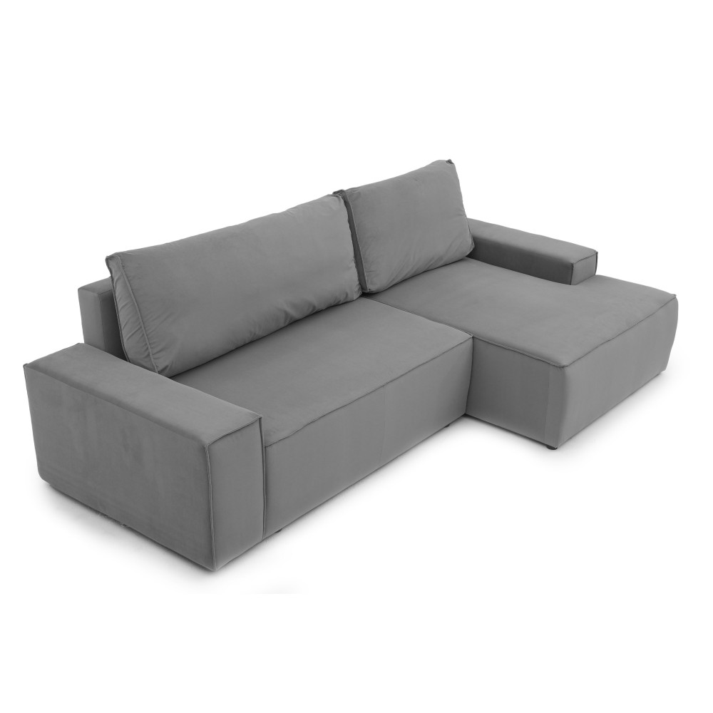 Narożnik Do Salonu BORA L, 3-osobowy z Funkcją Spania, Poszerzany Szezlong, Rozkładany, Ciemnoszary Welur