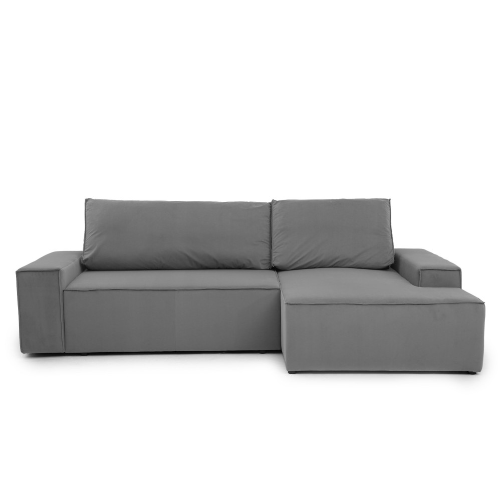 Narożnik Do Salonu BORA L, 3-osobowy z Funkcją Spania, Poszerzany Szezlong, Rozkładany, Ciemnoszary Welur