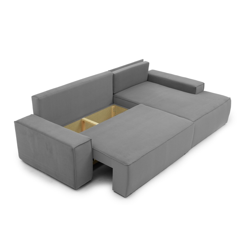 Narożnik Do Salonu BORA L, 3-osobowy z Funkcją Spania, Poszerzany Szezlong, Rozkładany, Ciemnoszary Welur