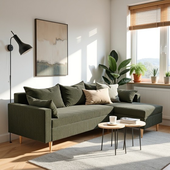 Narożnik Rozkładany MOLLY 3-osobowy z Funkcją Spania Zielony Sztruks