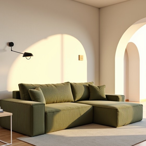 Narożnik Do Salonu BORA L, 3-osobowy z Funkcją Spania, Poszerzany Szezlong, Rozkładany, Zielony Welur