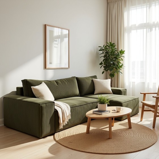 Narożnik Beżowy BORA L, 3-osobowy z Funkcją Spania, Rozkładany, Zielony Welur