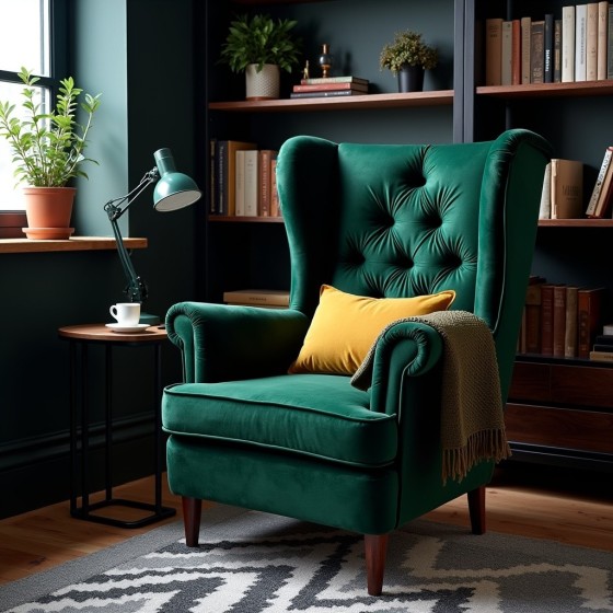 Fotel Uszak GLAMOUR z Podnóżkiem Butelkowa Zieleń