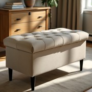 Ławka Pikowana z Pojemnikiem Beżowa Boho Do Sypialni CHESTER