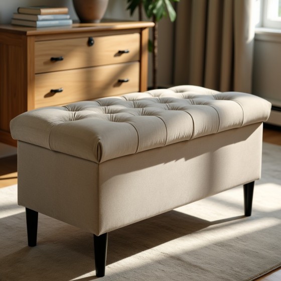 Ławka Pikowana z Pojemnikiem Beżowa Boho Do Sypialni CHESTER