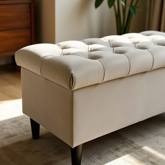 Ławka Pikowana z Pojemnikiem Beżowa Boho Do Sypialni CHESTER