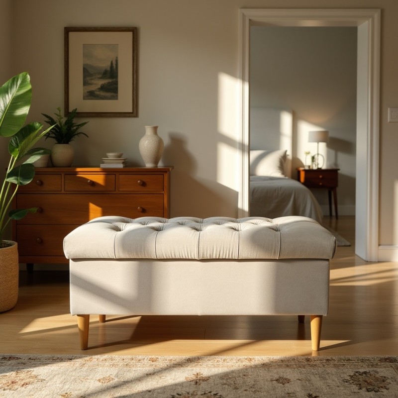 Ławka Pikowana z Pojemnikiem Beżowa Boho Do Sypialni CHESTER