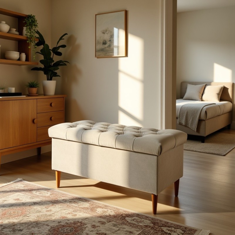 Ławka Pikowana z Pojemnikiem Beżowa Boho Do Sypialni CHESTER