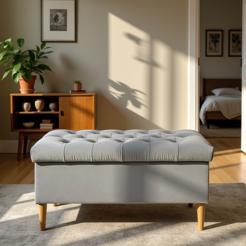 Ławka Pikowana z Pojemnikiem Szara Do Sypialni CHESTER