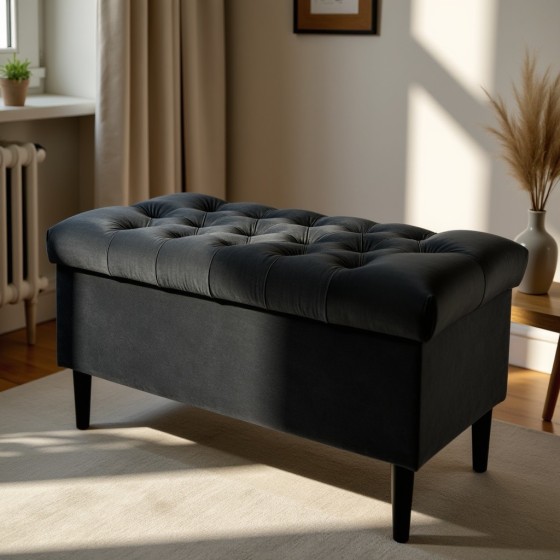 Ławka Pikowana z Pojemnikiem Czarna Do Sypialni CHESTER