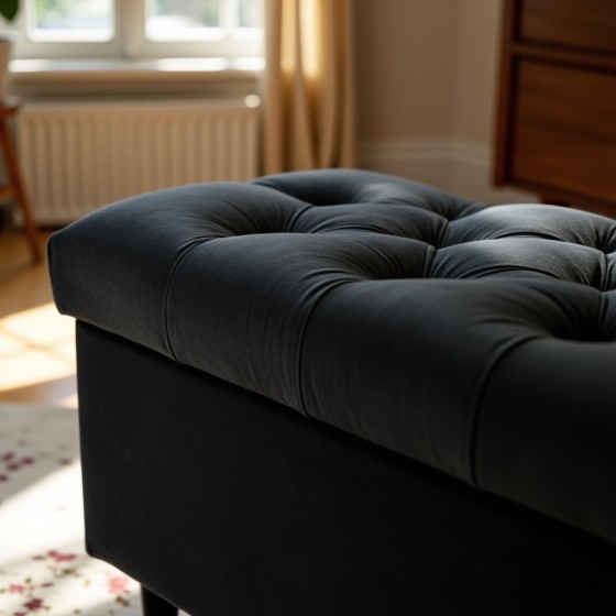 Ławka Pikowana z Pojemnikiem Czarna Do Sypialni CHESTER