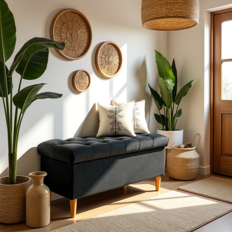 Ławka Pikowana z Pojemnikiem Czarna Do Sypialni CHESTER