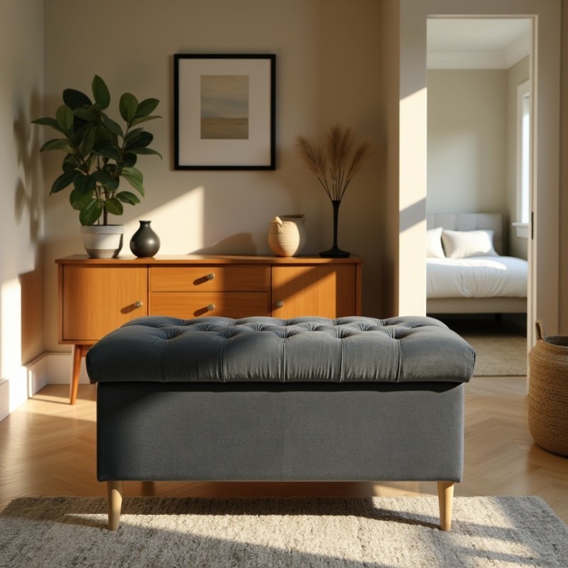 Ławka Pikowana z Pojemnikiem Ciemnoszara Do Sypialni CHESTER