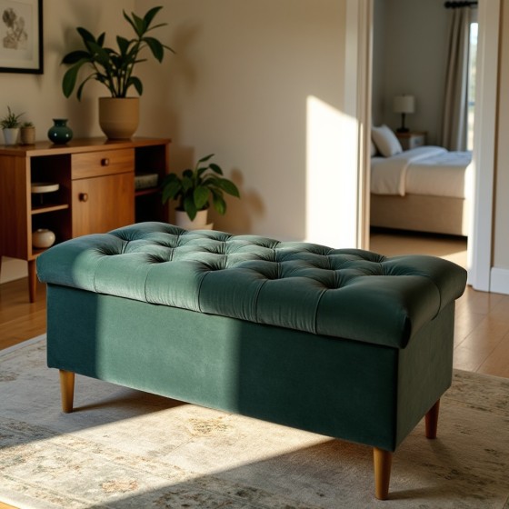 Ławka Pikowana z Pojemnikiem Butelkowa Zieleń Do Przedpokoju CHESTER