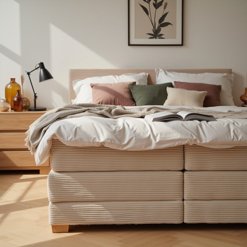 Łóżko kontynentalne NOBO 160x200 beżowe boho, boxspring z pojemnikiem