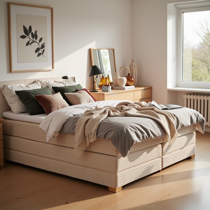 Łóżko kontynentalne NOBO 160x200 beżowe boho, boxspring z pojemnikiem