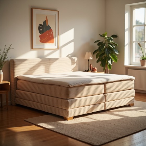 Łóżko kontynentalne NOBO 160x200 beżowe boho, boxspring z pojemnikiem